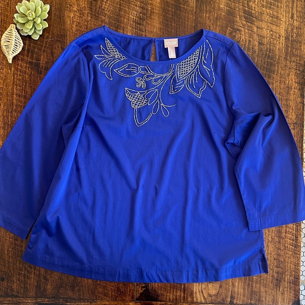CHICO’S | Beaded Embroidery Popover Blouse, Magnetic Blue, Size 3 (XL), NWT
